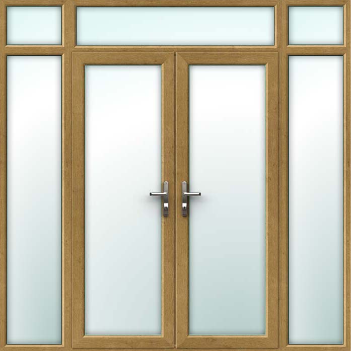 Irish Oak UPVC French Doors with Side Panels and Top Light