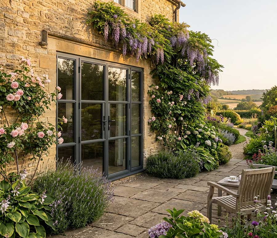 aluminuim heritage crittall french doors and side panels