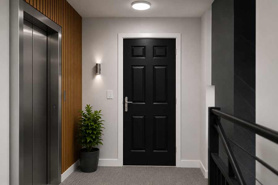 black internal composite fire door for a flat entrance