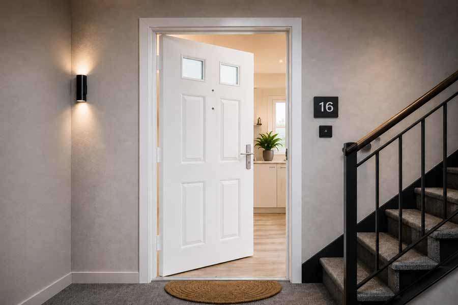 white internal composite fire door for a flat entrance