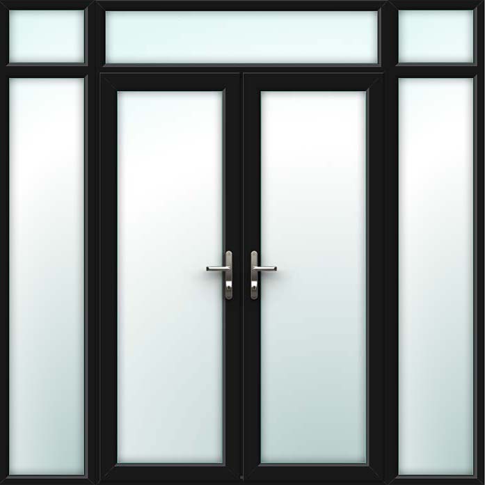 black upvc french doors with side panels & top light