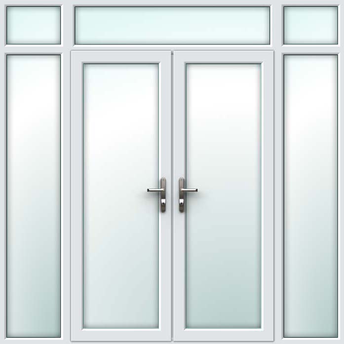 white upvc french doors with side panels & top light